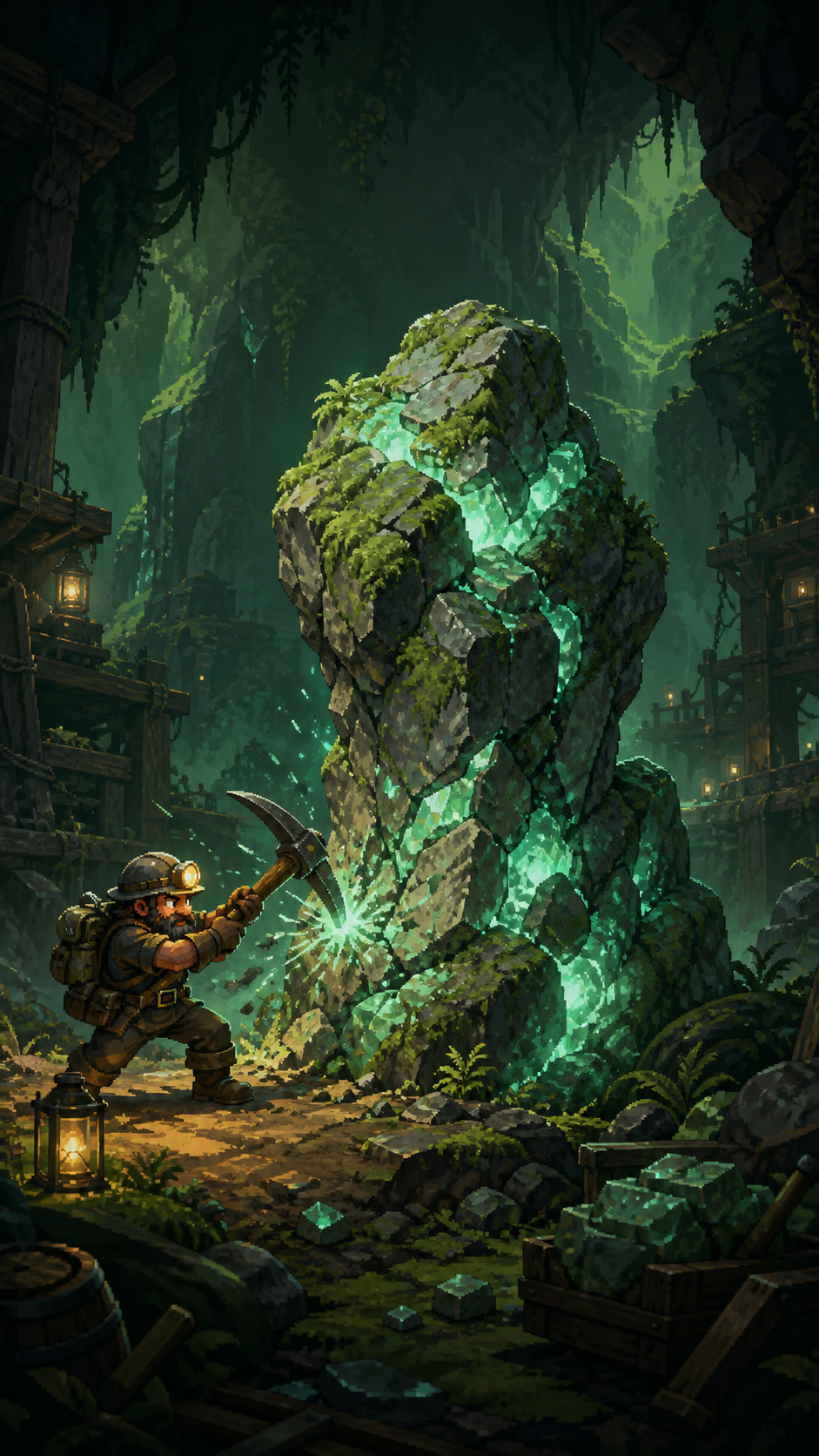A miner drilling into a glowing cavern formation